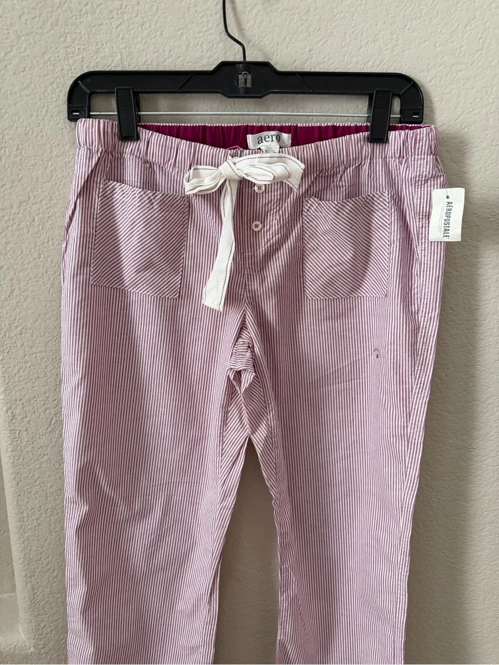 Striped Pink Drawstring Cotton Pajama Pants with Ankle Ties